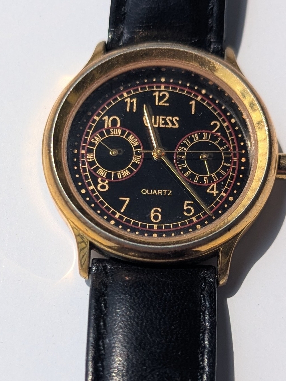 GUESS Black Dial Gold-Tone Case Leather Strap Watch